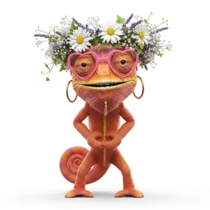 QR Chameleon community AI chameleon avatar with a flower crown.