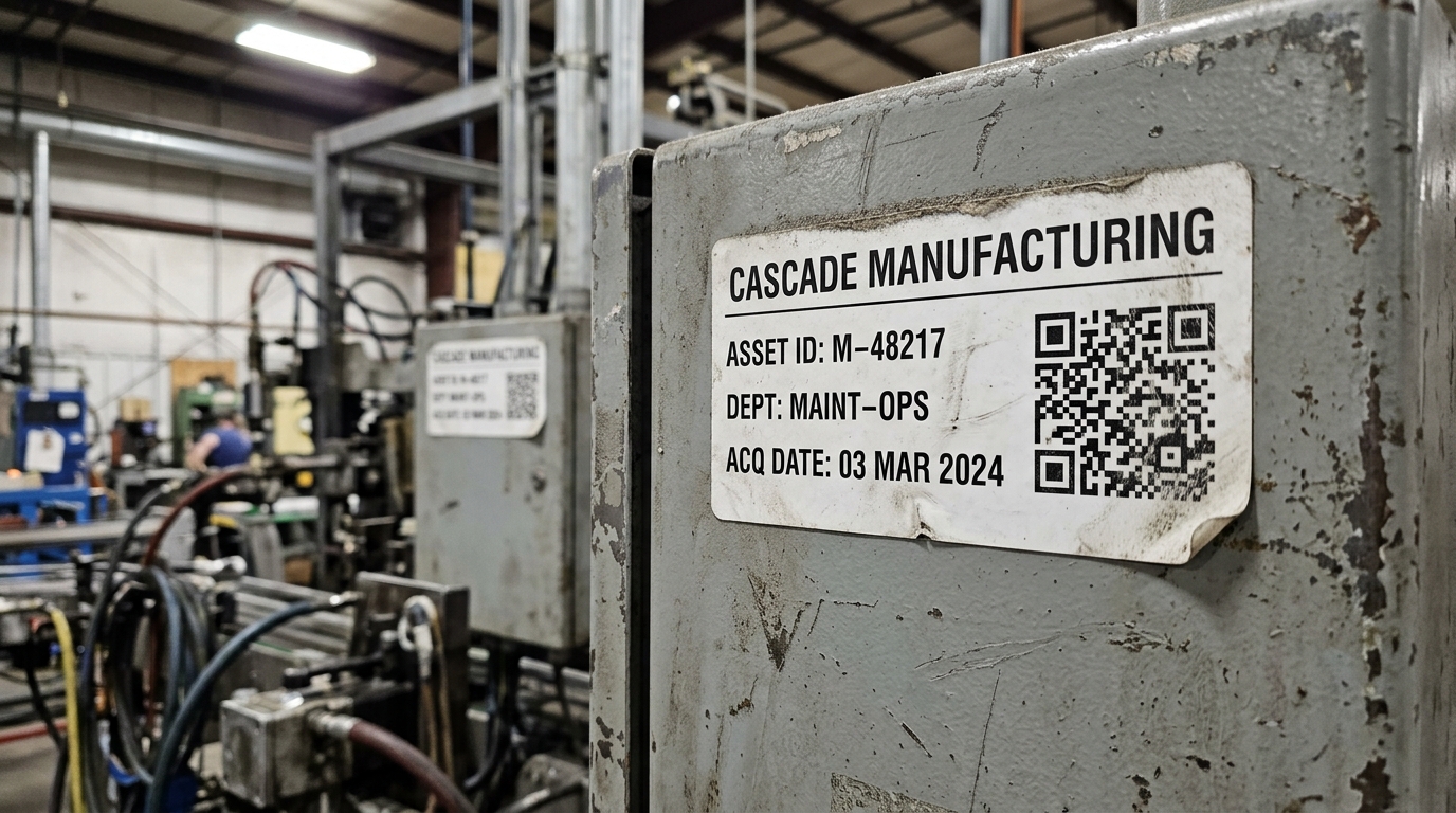 Aged QR asset label adhered to a weathered industrial enclosure showing Cascade Manufacturing branding, asset ID, department, and acquisition date, with a similarly tagged machine visible in the background