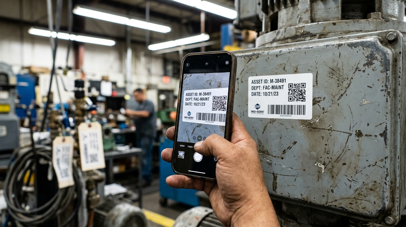 Close-up of a maintenance technician's hand using a smartphone camera to scan an asset tag with QR code on industrial equipment in a workshop
