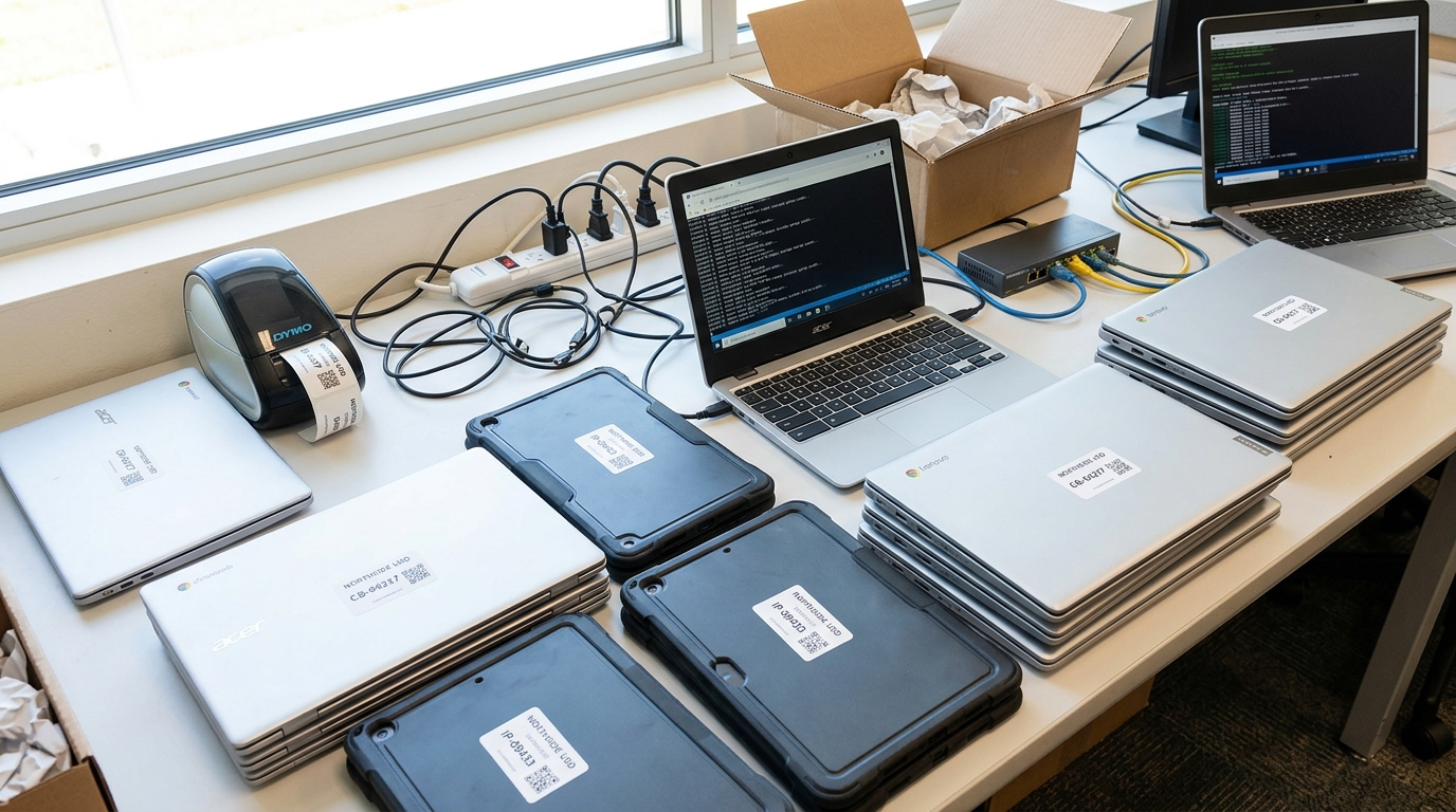 School district IT director's workbench during an active Chromebook and iPad deployment imaging session, devices stacked unevenly with small printed Northside USD QR asset tags, DYMO label printer, open laptops running imaging scripts, and tangled charging cables
