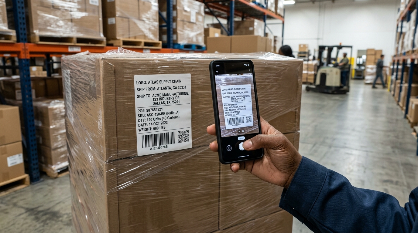 Close-up of a warehouse worker using a smartphone camera to scan a shipping label with integrated QR code on a shrink-wrapped pallet of cardboard inventory