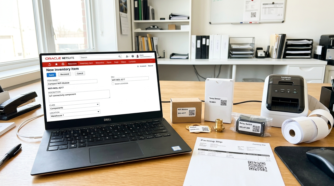 A NetSuite New Inventory Item form on a laptop next to QR code-labeled product boxes, a packing slip with a QR code, and a Brother label printer on an office desk