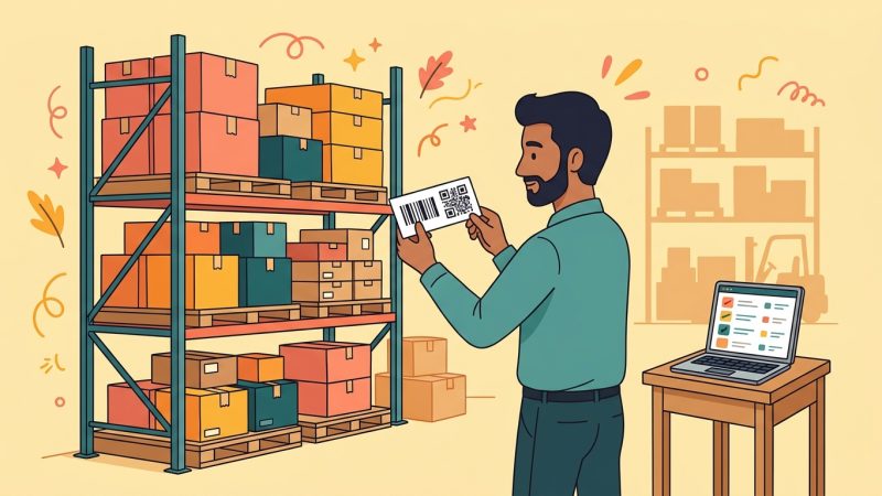 Illustration of a warehouse inventory label showing a 1D barcode and a QR code side by side, representing NetSuite barcoding