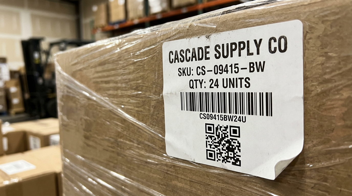 Close-up of a shipping label on a shrink-wrapped carton showing a 1D barcode above a QR code, illustrating NetSuite barcode and QR code coexistence